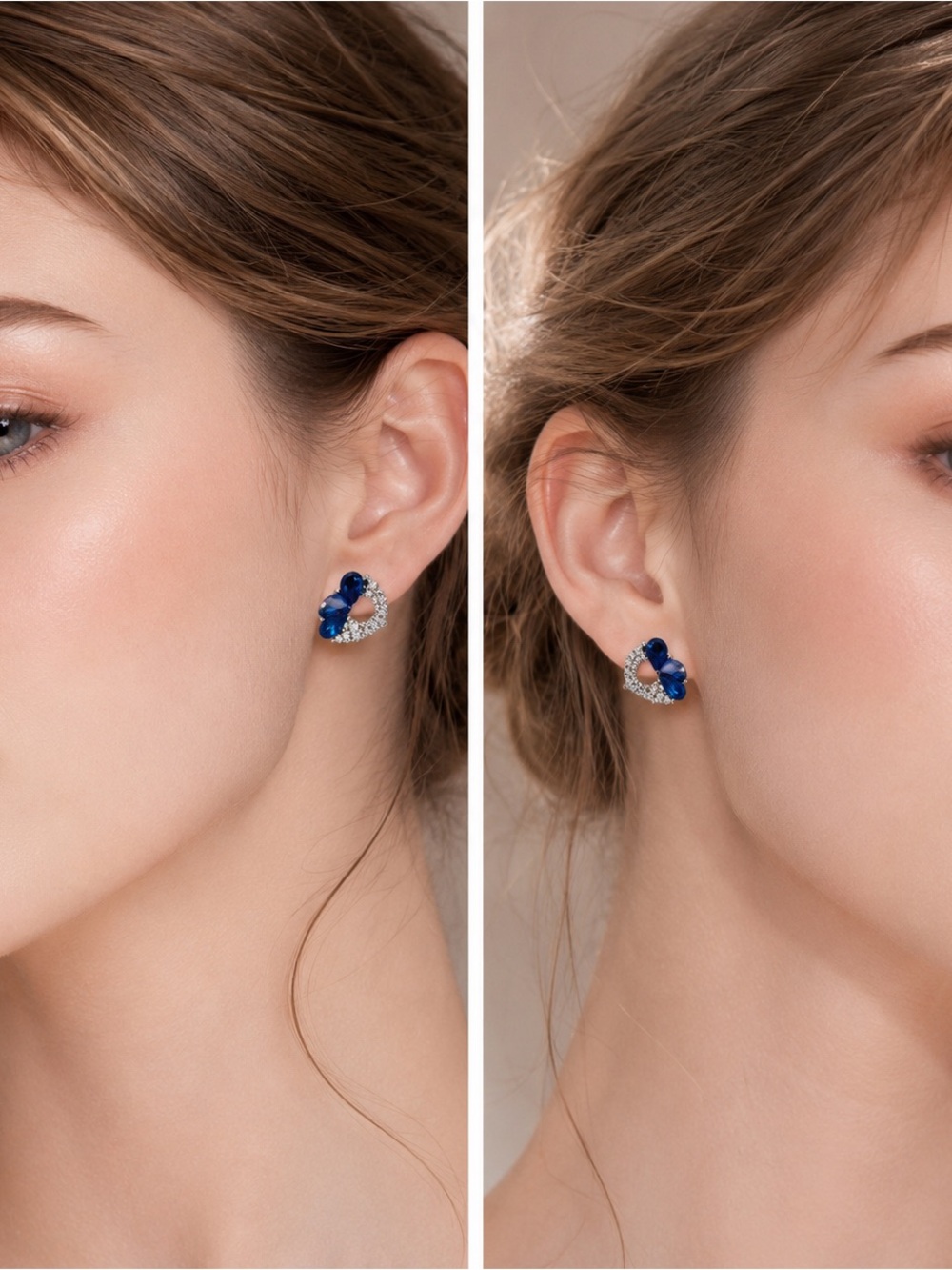 Elegant Blue Crystal Heart Stud Earrings - Women Jewelry - Picture 3 of 3